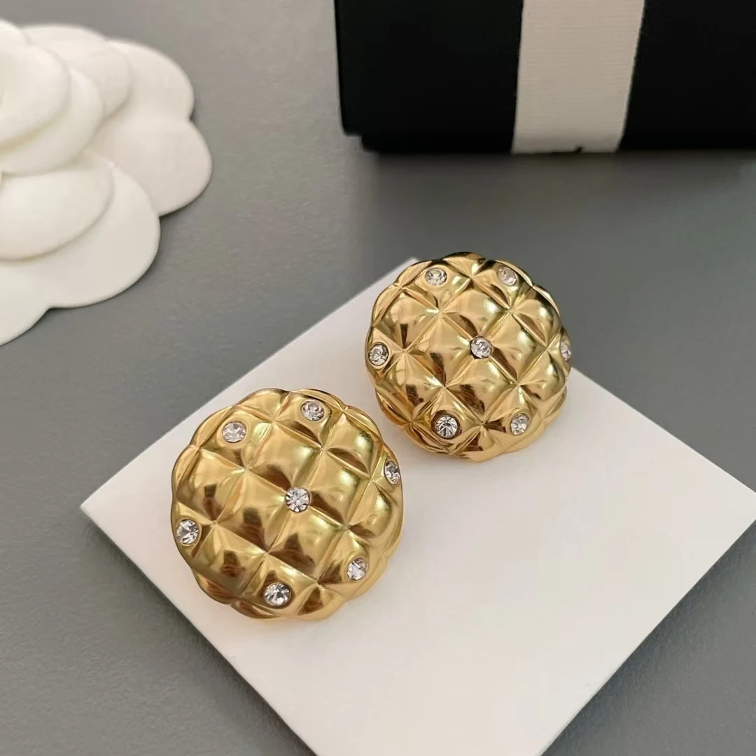 New pineapple shaped circular diamond studded fashionable gold light luxury 925 silver needle earrings