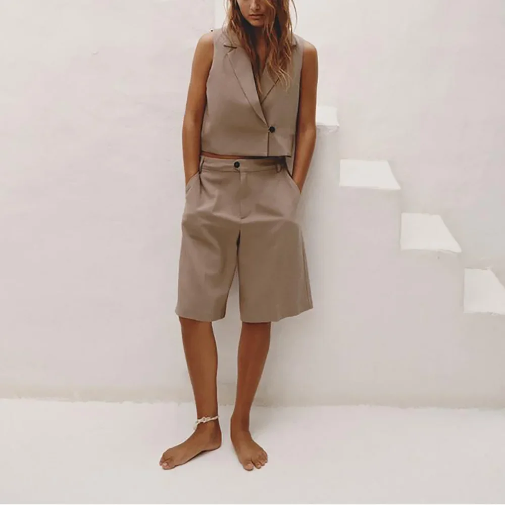 Camisola alças monocromática feminina, conjunto de shorts casual unissex, trespassado duplo, design francês, nova moda, verão