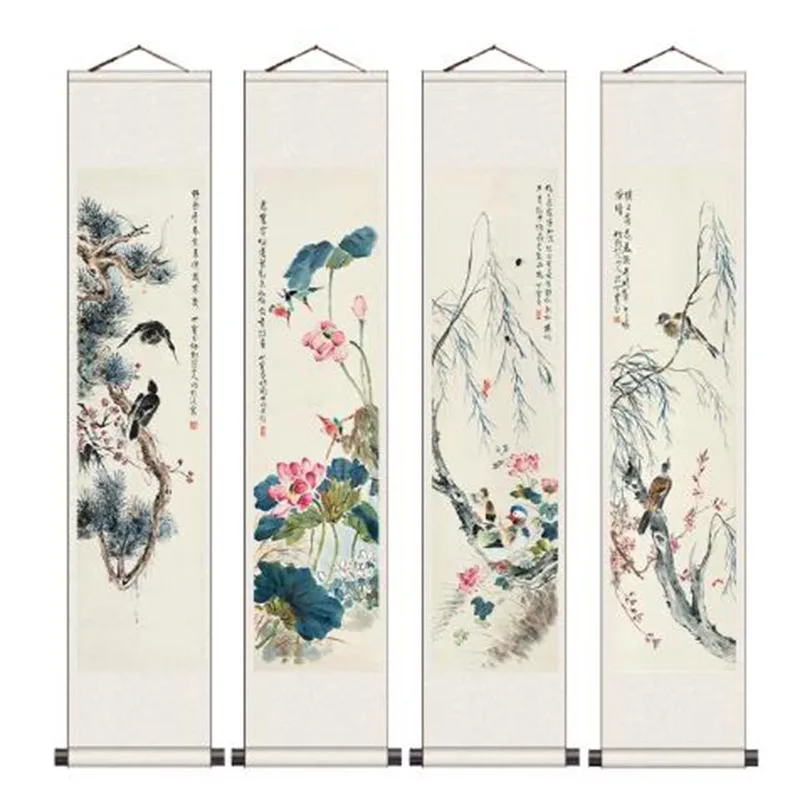 4 Panel Chinese Scroll Painting Xuan Paper Birds on a Branch Wall Art Home Decor Traditional Flower Bird Painting Hanging Scroll