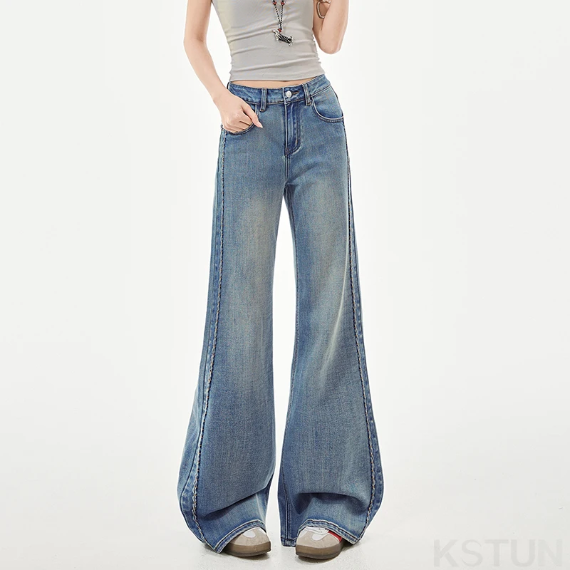 

KSTUN Women's Light Blue High Waist Flare Jeans Spring Summer Stretch Denim Pants Cleanfit Vintage Female Bell Bottoms Trousers