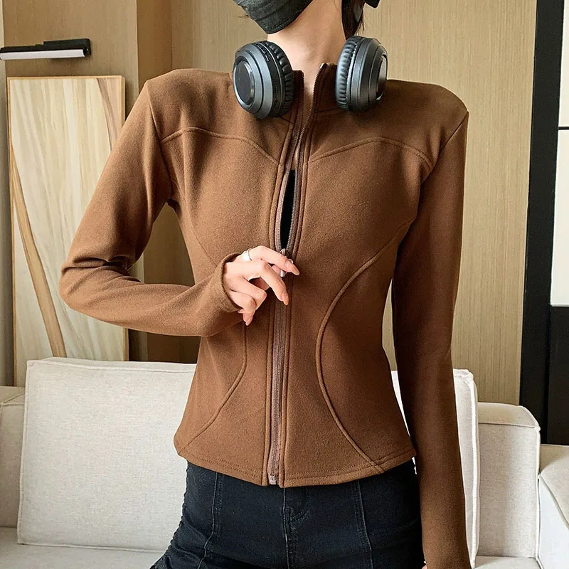 

Women's Slim Stand Collar Yoga Jacket Fleece Lined Zipper Long Sleeve Soprts Coat Woman Autumn Winter New Running Cardigan Tops