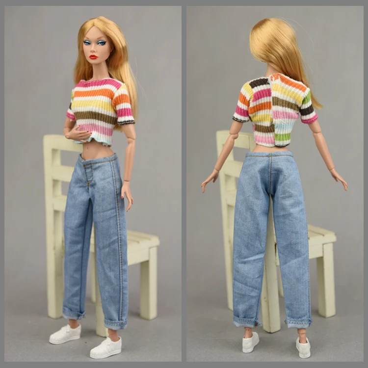 Jeans Pants / Blue bell-bottomed pants and white black top clothing set outfit for 30cm barbie kurhn xinyi Fr2 ob Doll