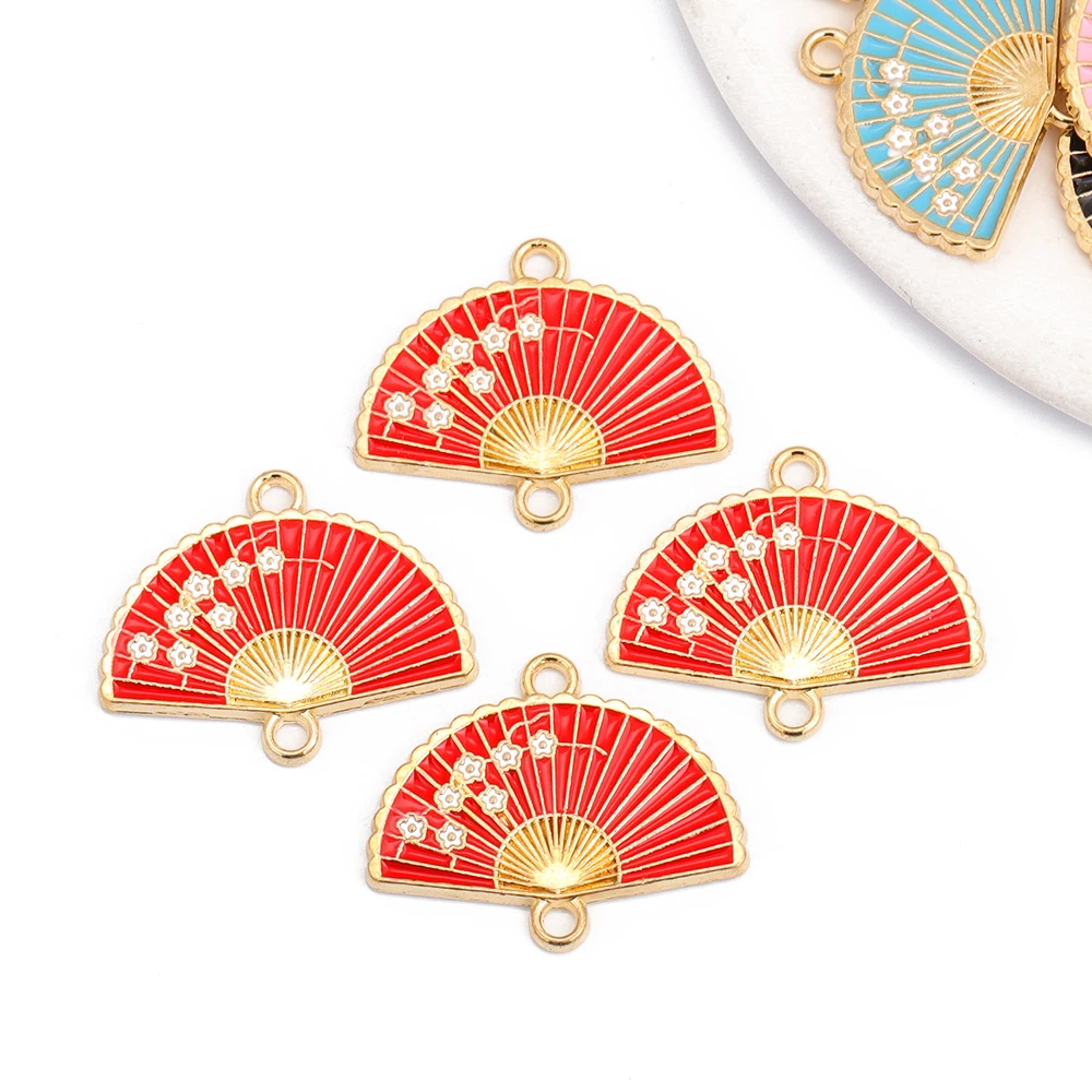 Mixed 10pcs Enamel Fan Charms Sakura Pattern Connector For DIY Bracelet Key Chain Jewelry Making Supplies Decorative Wholesale