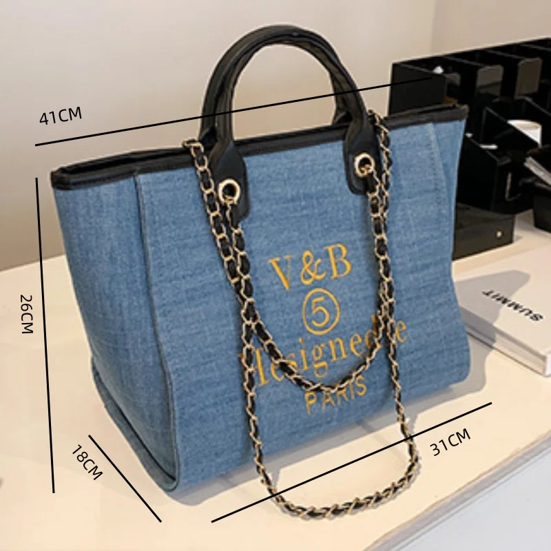 Borsa tote portatile in tela stampata con lettera alla moda borsa in denim con catena a tracolla di grande capacità di moda europea e americana