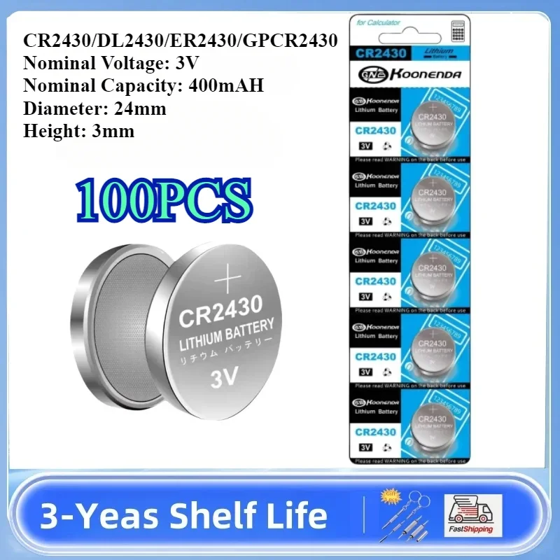 100Pcs NEW CR2430 3V Lithium Battery CR 2430 DL2430 BR2430 Button Coin Batteries for Key Fob Watch Alarm Clock Remote Control