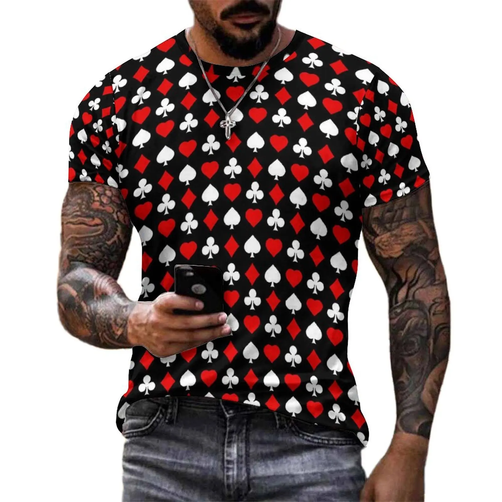 Poker Cards T Shirt For Mens Playing Card Suits Graphic O Neck T Shirts Summer Hip Hop Tops Short Sleeve Oversized Tee Shirt