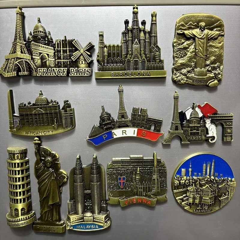 3D Metal Fridge Magnets France Paris Barcelona Vienna Vatican Malaysia Twin Towers Brazil Jesus Tourist Souvenir Gifts