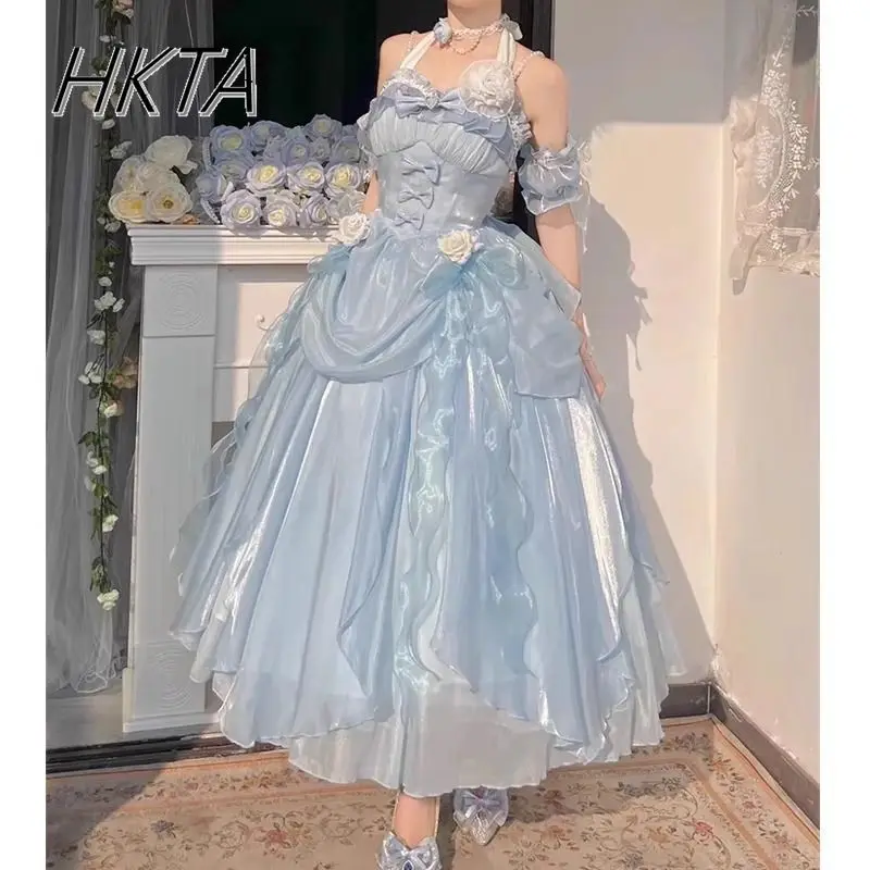 

Lolita Shoulder Evening Princess Dress Women Elegant Sweet High Waist Bow Irregular Flountain Slim Birthday Long Cake Dresses