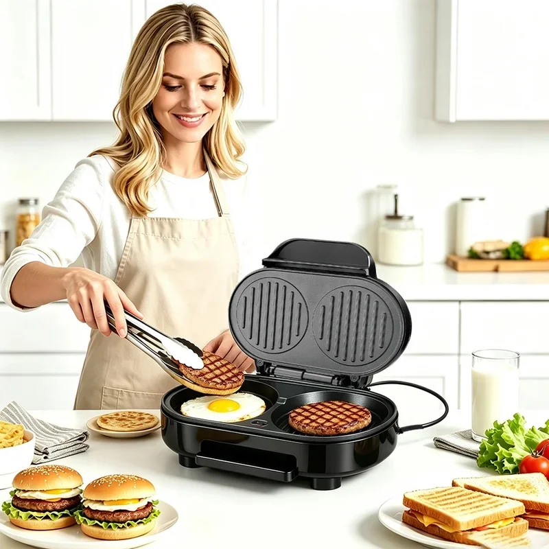 double-cave-electric-egg-burger-maker-non-stick-household-fry-toast-bread-pancake-multifunction-waffle-steak-breakfast-machine