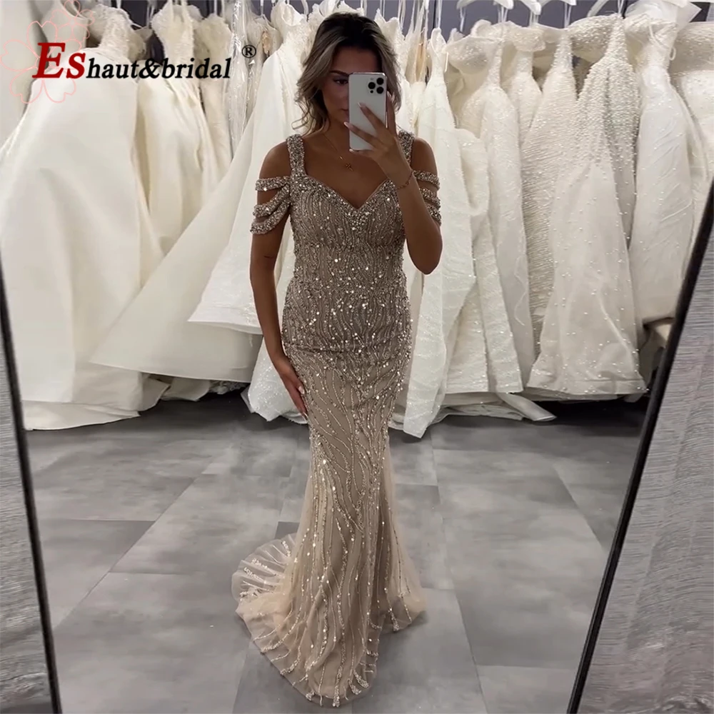 

Elegant Beaded Handmade Mermaid Evening Gown V-Neck Long Luxury Formal Prom Wedding Party Dress for Women Customized 2025