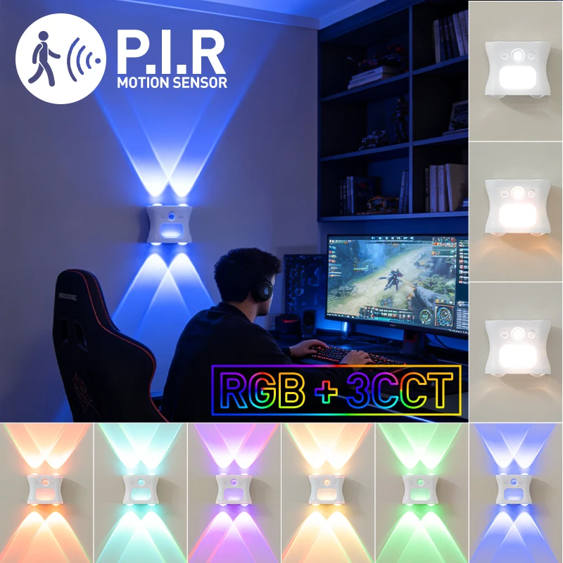 LED PIR Night Light with Motion Sensor RGB 3CCT Rechargeable Magnetic Wall Lamp Mood Ambient Light for Cabinet Hallway Stair
