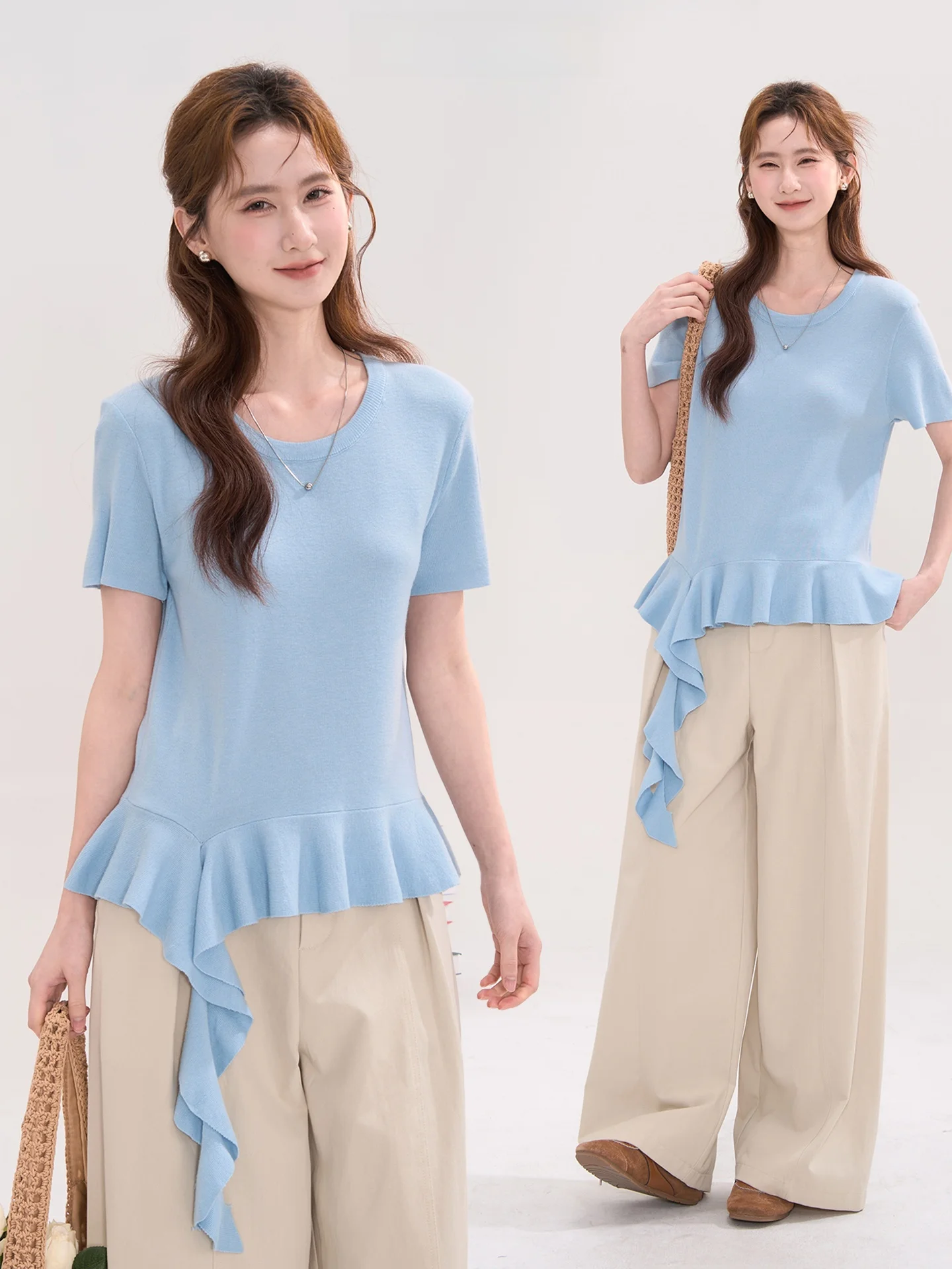 

Sweet Sle ort Sve Knitted Sweater round Ne Wool Blend Women's Top Spring Summer Floral Window Heme 8 Korean Sle