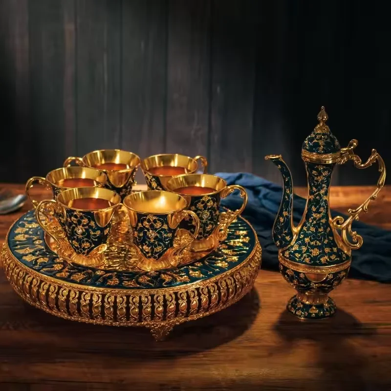 Vintage Extra Large Turkish Coffee & Tea Pot Set for 6 with Large Crystal Tray & Teapot Gold with Style Crystals Relief printing