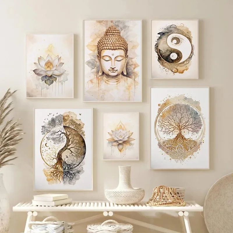 Zen Yoga Meditation Spiritual Vintage Wall Art Poster Print Canvas Painting for Room Home Decor Tree of Life Buddha Lotus Flower
