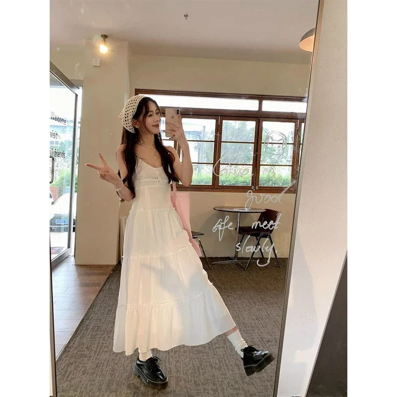 Sweet Pink Maxi Dress Women Vacation White Ruffles One Pieces Long Dresses Summer Sexy Strap Robe Korean Beach Bodycon Vestidos