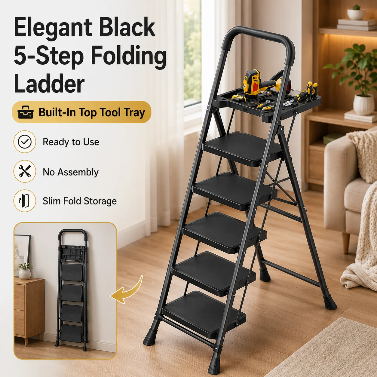 Black 5 Step Ladder with Built In Tool Tray Foldable Household Step Ladder with Wide Treads Safety Handrail Anti Slip Feet Ready to Use Compact Storage Ladder for Home Improvement Garage Workshop Kitchen Garden Holiday Decorating Warehouse Shelves