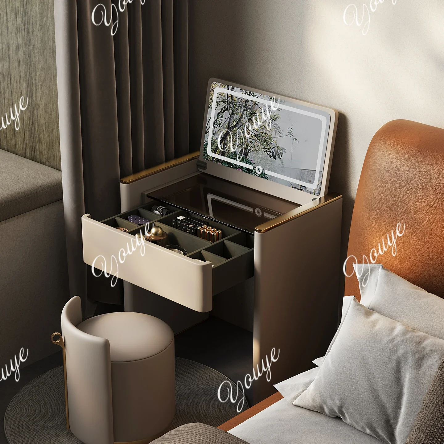 XM Italian Light Luxury Dresser Makeup Table Bedroom Minimalist Flip Mirror With Lamp Premium Storage Dressing Table
