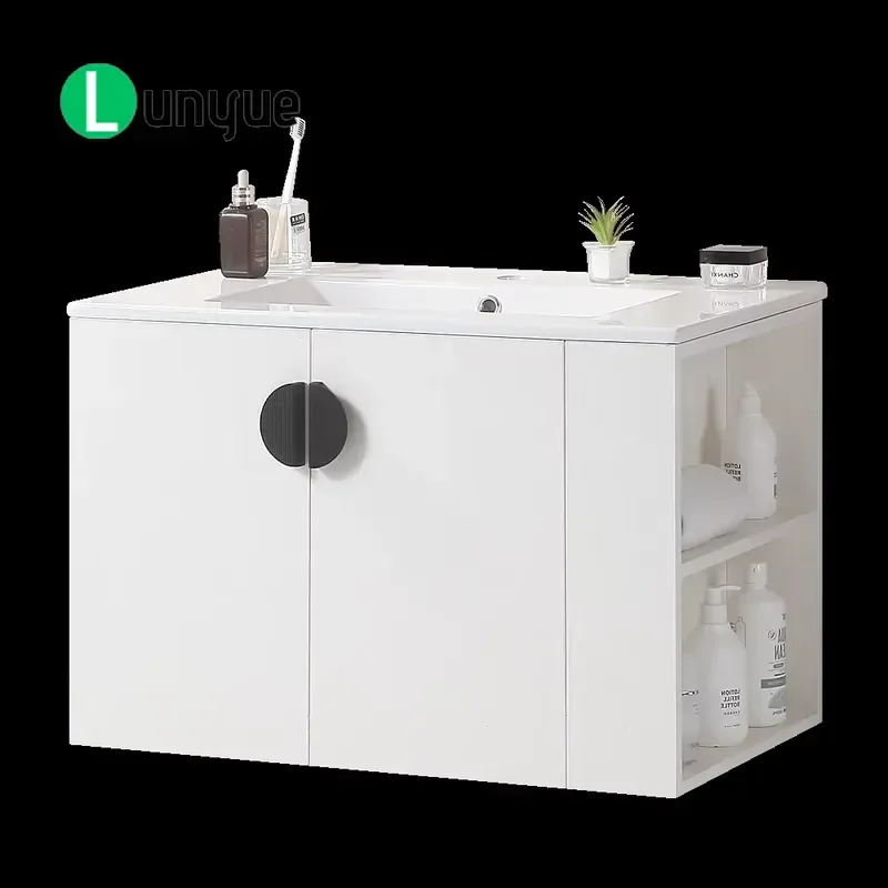 Modern Solid Wood Bathroom Vanity Floor Mounted White Cabinet with Right Side Open Storage Rack for 30 Inch Sink