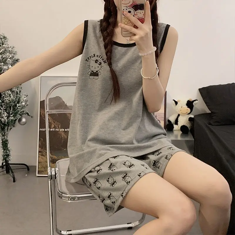 

Sanrio Hello Kitty Pajamas Cartoon Summer Round Neck Pure Cotton Vest Shorts Cute Home Suit Set Sleeveless Vest Sleepwear
