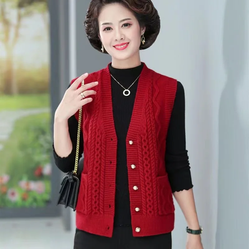 New Middle-Aged Elderly Mother Vest Women Autumn V Neck Knitting Cardigan Tops Casual Sleeveless Solid Color Waistcoat Female