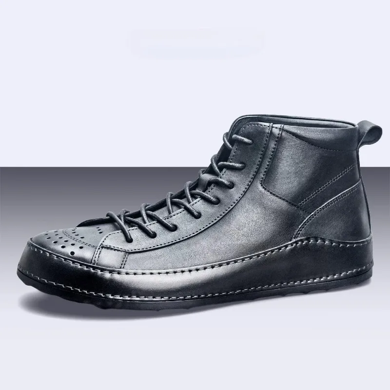 British Style Casual High Top Shoes Men's Genuine Leather Breathable Thick Sole Outdoor Sport Leather Shoes Male Flats Sneakers
