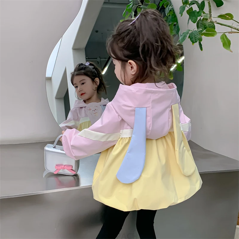 Lovely Baby Girl Cartoon Trench Coat with Hoodies Kids Cute Ear Hooded Jacket Toddler Child Fashion Clothes Spring Autumn Outfit