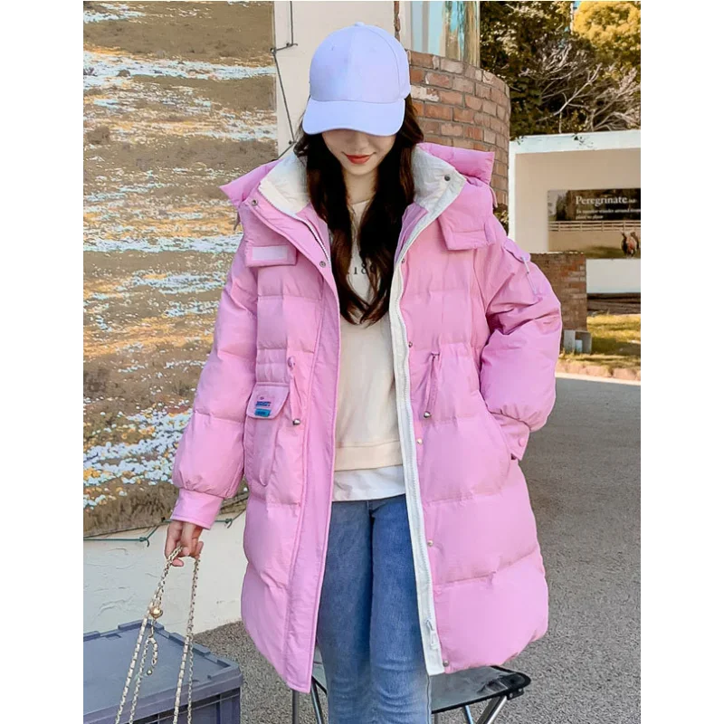 Oversized Donsjacks Vrouwen Witte Eendenkoraanse Jassen Winter Nieuwe Capuchon Trekkoord Voluptueuze Dopamine Patch Pocket Slanke Overjas