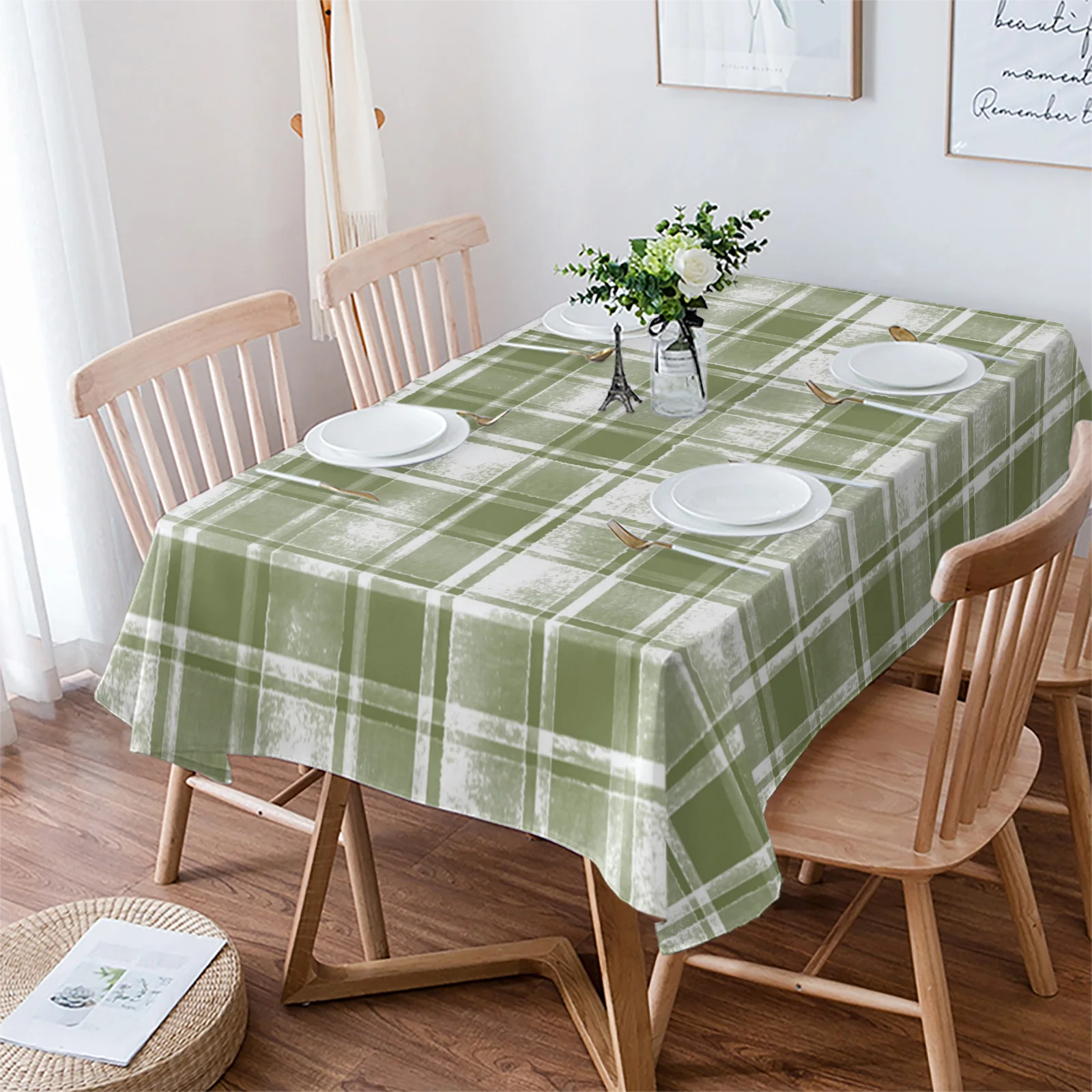 Sage Green Watercolor Mottled Checkered Plaid Tablecloth Waterproof Dining Table Rectangular Round Tablecloth Kitchen Decoration