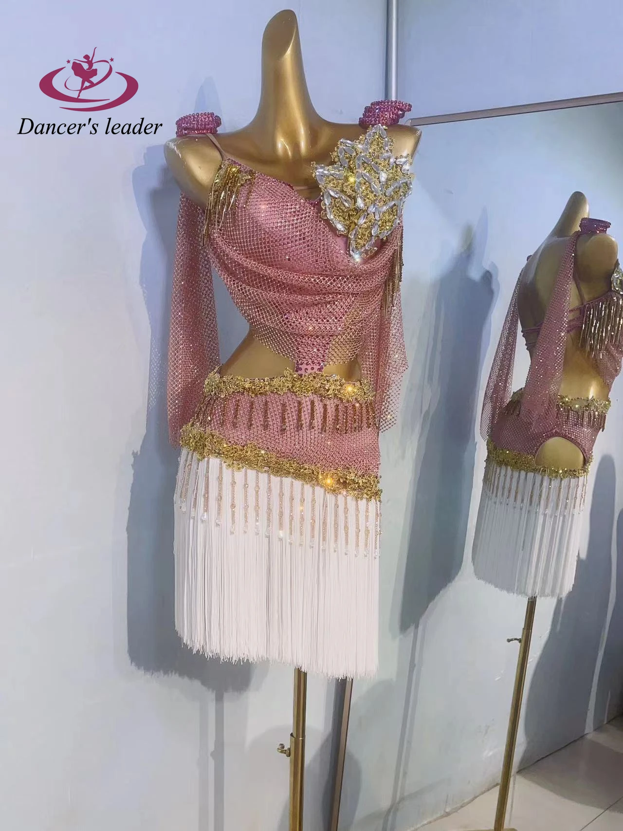 

Latin Dance Competition Women's High-end Custom Golden Flower Mesh Cloth Sling Cha Samba Performance Rhinestone Dress