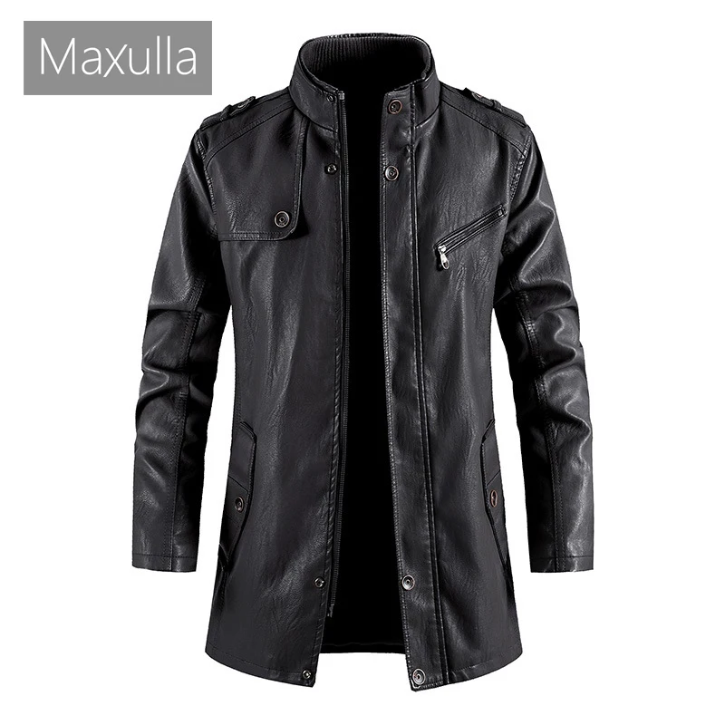 Autumn Winter Men's Mid-Long PU leather Jackets Fashion Retro Motorcycle For men Stand Collar Work Leather Jackets Clothing