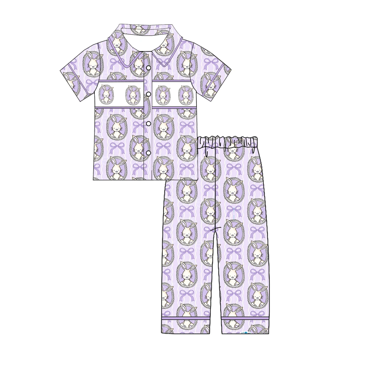 Girls Boys Easter Pajamas Set Boutique Children's Set Bunny Bow Print Short Sleeve Pants Set