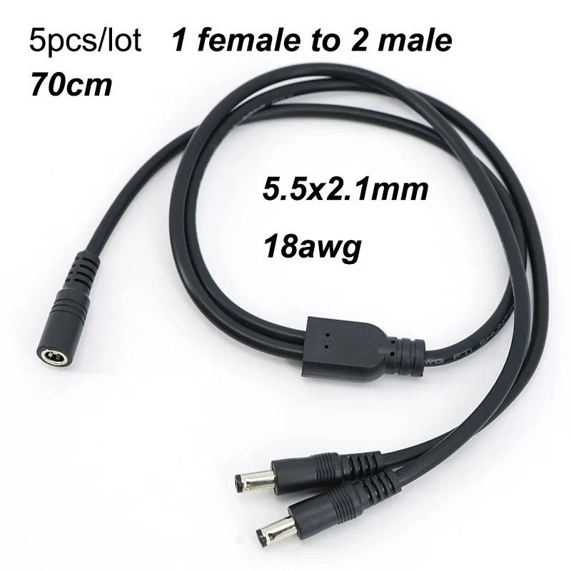 5pcs long 70cm 1 Female to 2 way Male 18awg 12V DC Power Supply Splitter Plug connector Camera Cable 5.5x2.1mm Adapter P1