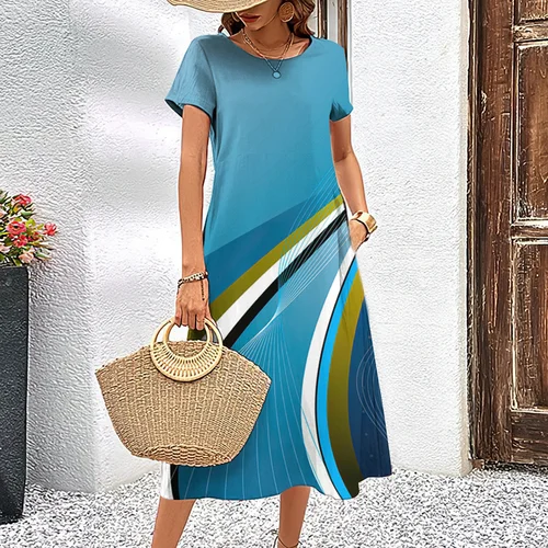 Imagen 2 del producto Vestido a rayas con estampado de arcoíris para mujer, traje elegante de manga corta con cuello redondo, ropa informal de gran tamaño a la moda para verano