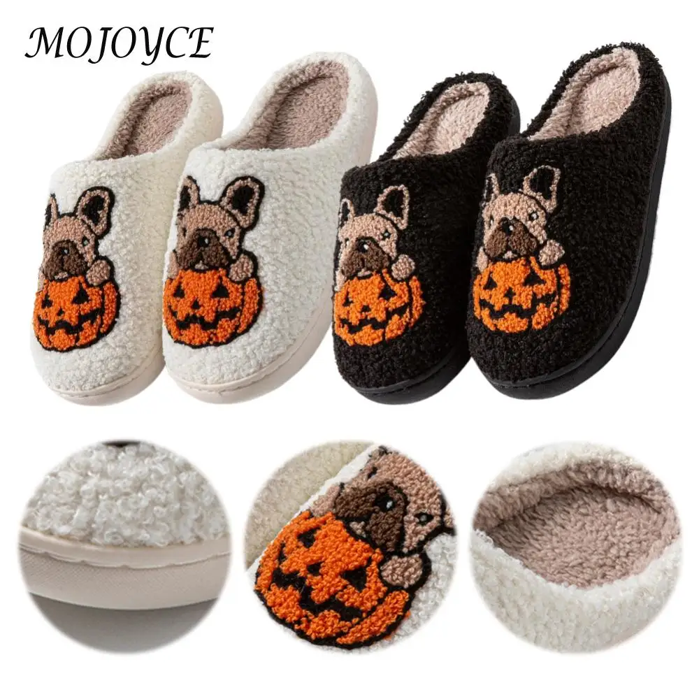 Halloween Pumpkin Dog Plush Slippers Comfortable Closed Toe Couple Slippers Non-Slip Thermal Pumpkin Slippers for Men Women