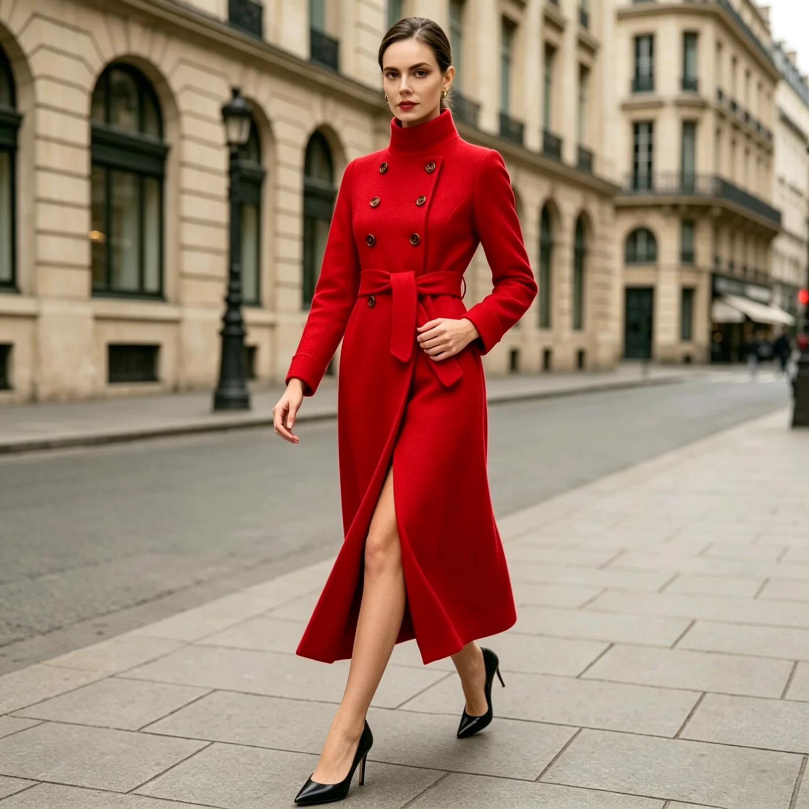 Elegant Womens Overcoat Stand Collar Double Breasted Self Tie Belt Fitted Waist Maxi Woolen Material Business Meeting Customized