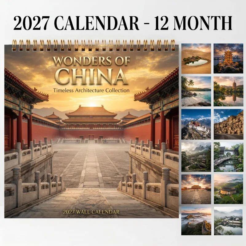 2027 Desk Calendar 12 Months Wonders of China Ancient Architecture Scenery Desktop Calendar Travel Landscape Art Monthly Planner