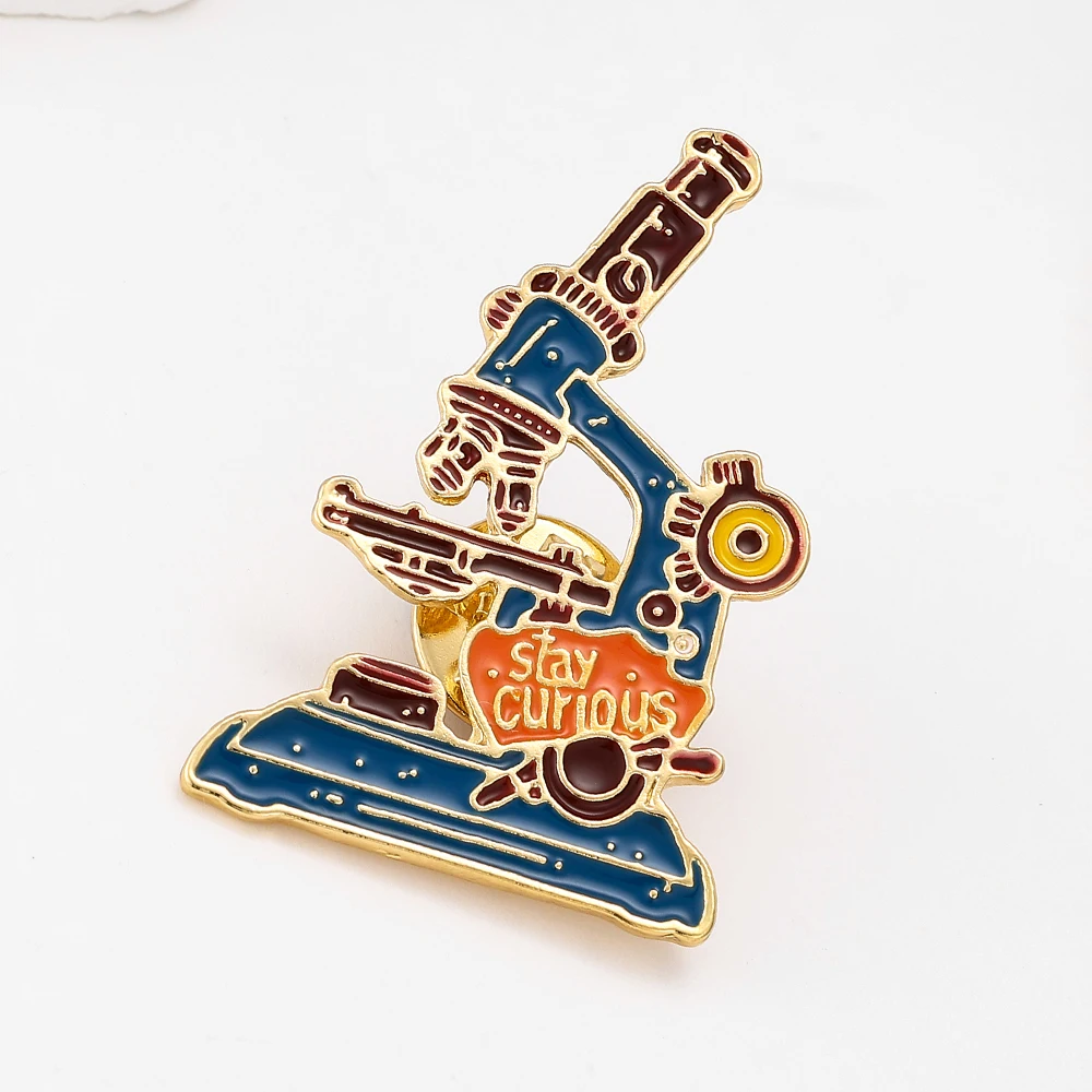 Science Microscope Enamel Brooch Pin Stay Curious Biology Lapel Badge Collectible Jewelry Gift for Doctor