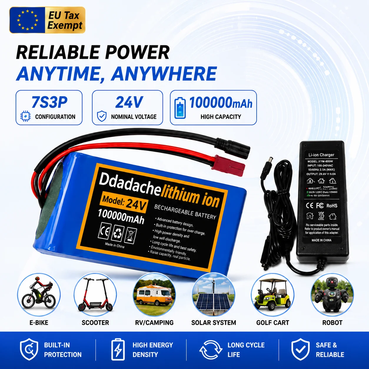 24V 100Ah Wiederaufladbarer 18650 Lithium-Akku 7S3P EU-Lager mit 29,4V 2A Ladegerät Ersatzakku für Moped Elektroroller E-Bike