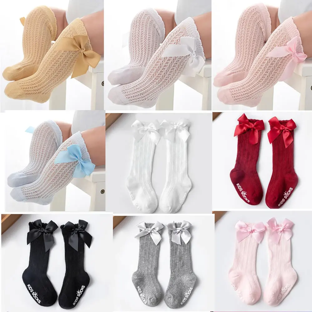 Baby Summer Socks Newborn Long Sock White Mesh Ruffle Cotton Soft long new born Sock with Bow Princess gift