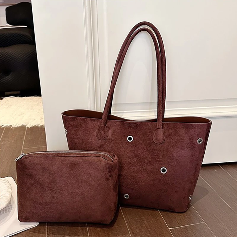 2026 Women Vintage Suede Tote Bag 2Pcs Set Large Capacity Shoulder Handbag with Small Pouch