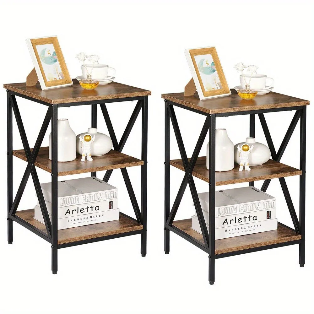 

2 PCS End Table with Shelves 3-Tier Sofa Side Table X-Shaped Design Living Room for Bedrooms, Coffee Table Set of 2