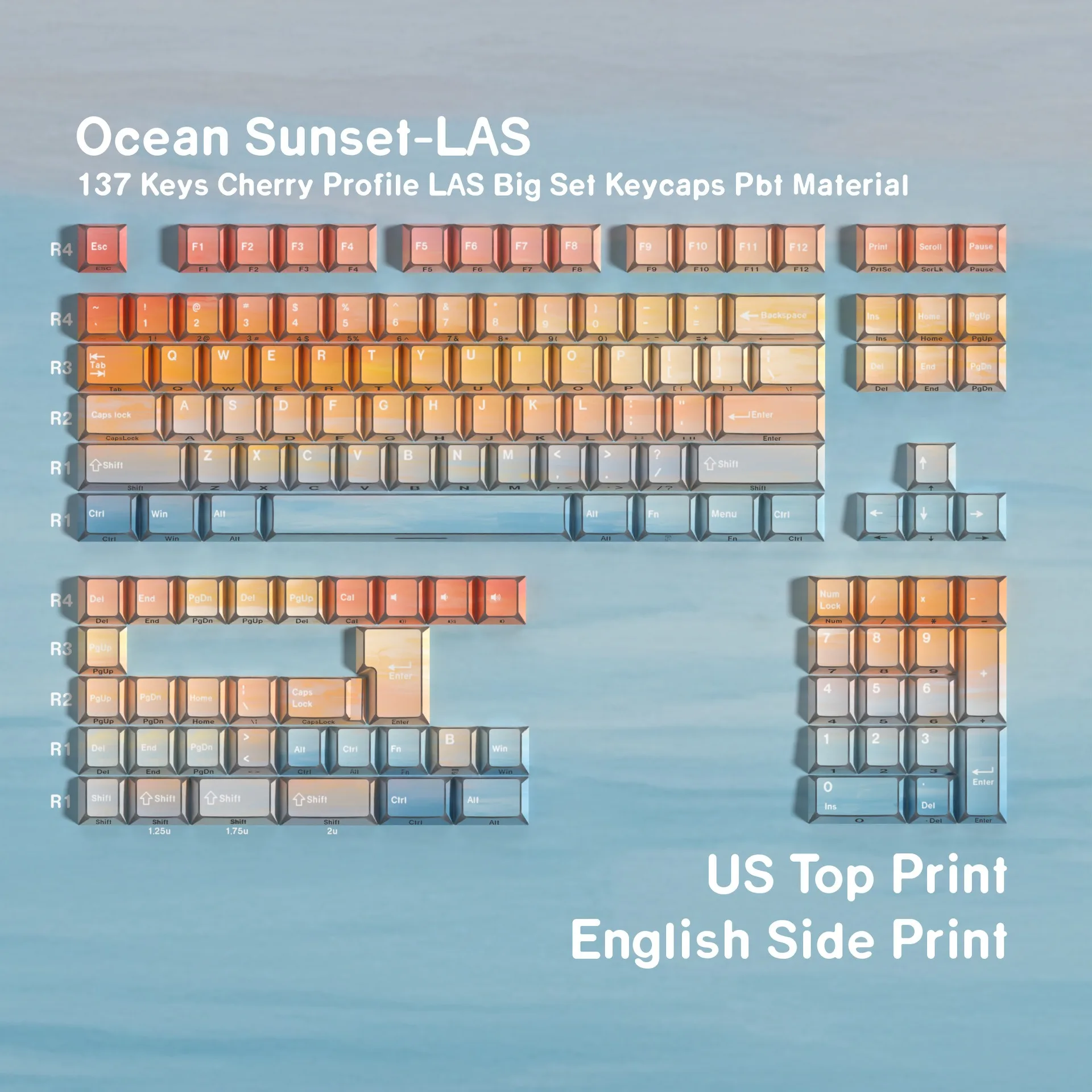 Hebrew Spanish French Russian Korean German UK Cherry Profile PBT Mechanical Keyboard Keycap Curved Edges Side Print Keycaps ISO