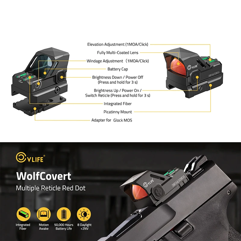 

CVLIFE Red Dot Sight 3 MOA Dot & 50 MOA Circle Reflex Sights Scope with Fiber Optics and Adapter for MOS & 21mm Picatinny Rail