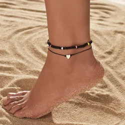 Minimalist style handmade woven heart-shaped black beaded 2-piece set for women's ankles
