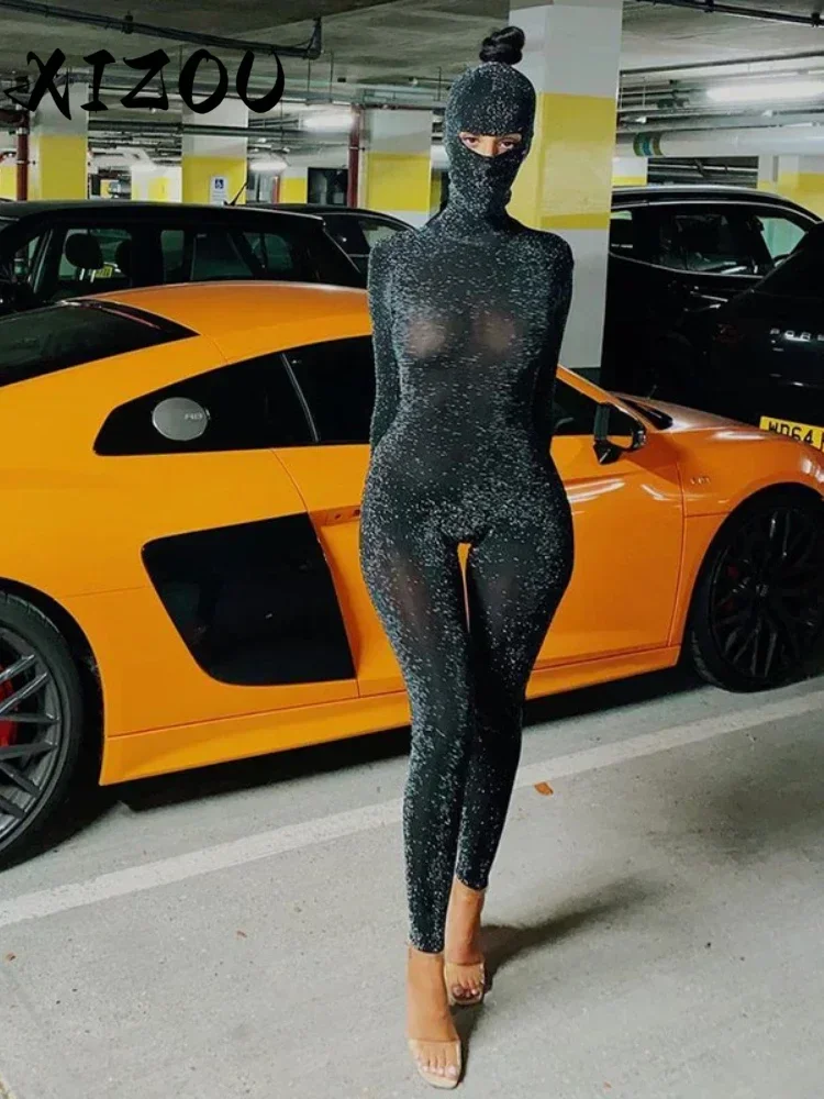 

XIZOU Shiny Outstanding Bodycon Hooded Jumpsuit Women Long Sleeve Sexy Backless Fashion Streetwear Skinny Slim Female Overall