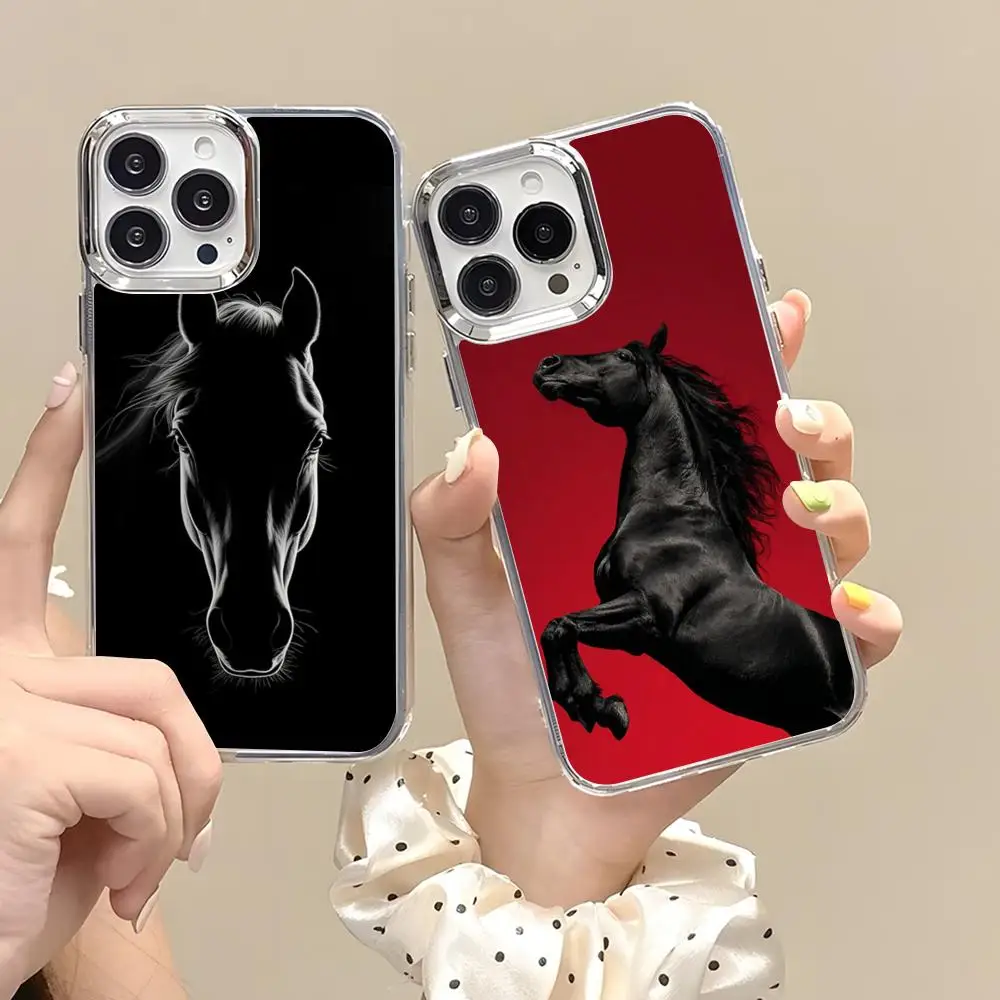 Schwarze Pferde-Handyhülle für iPhone 17 Air 16 15 14 13 12 11 Pro Pro Max Plus Transparente Weiche Schutzhülle