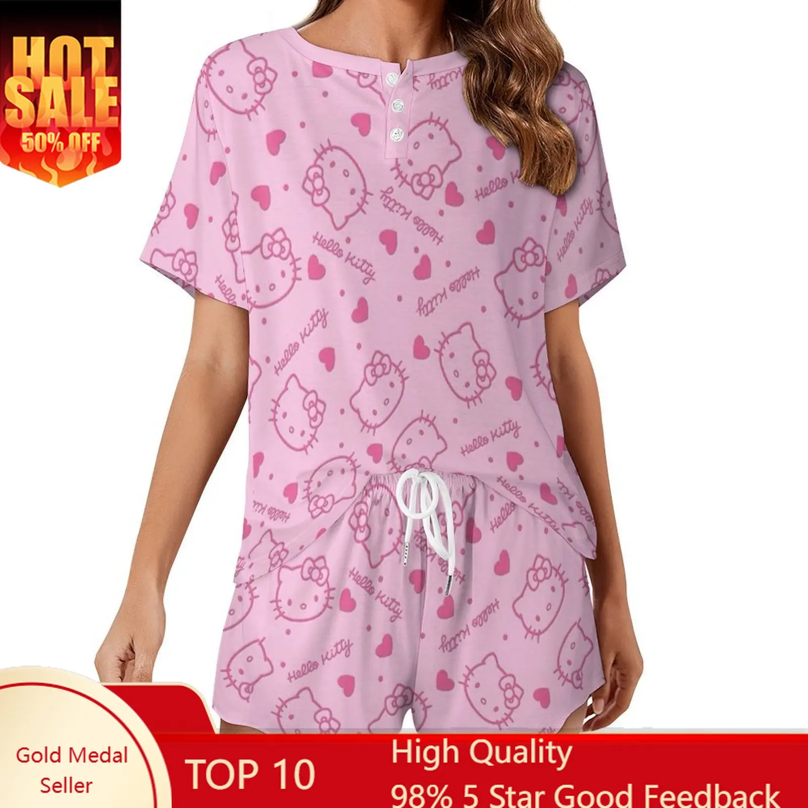 

Hello Kitty Loungewear Women Homewear Sanrio Cartoon Pajamas Set Cute Cat Casual Nightwear Suit Short Sleeved Top and Shorts