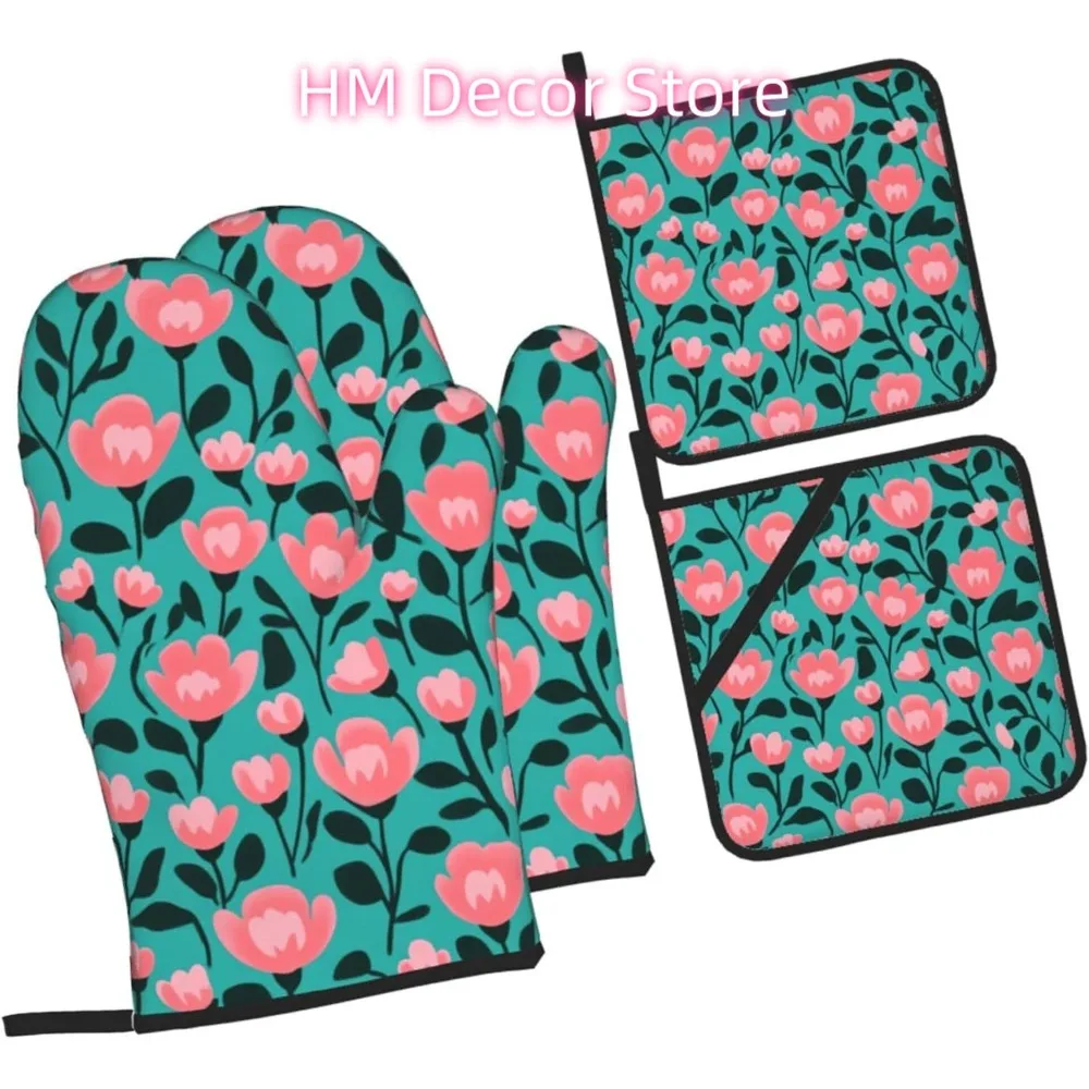 Turquoise Peonies Oven Mitts and Pot Holders Sets of 4, Aesthetic Plants Country Heat Resistant Oven Mitts,Non-Slip Cooking Glov
