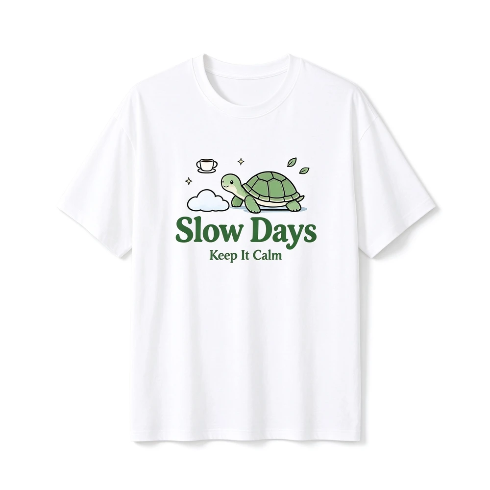 Unisex Graphic T-shirt, Slow Days Turtle Print Casual Tee, Keep It Calm Retro Short Sleeve Top