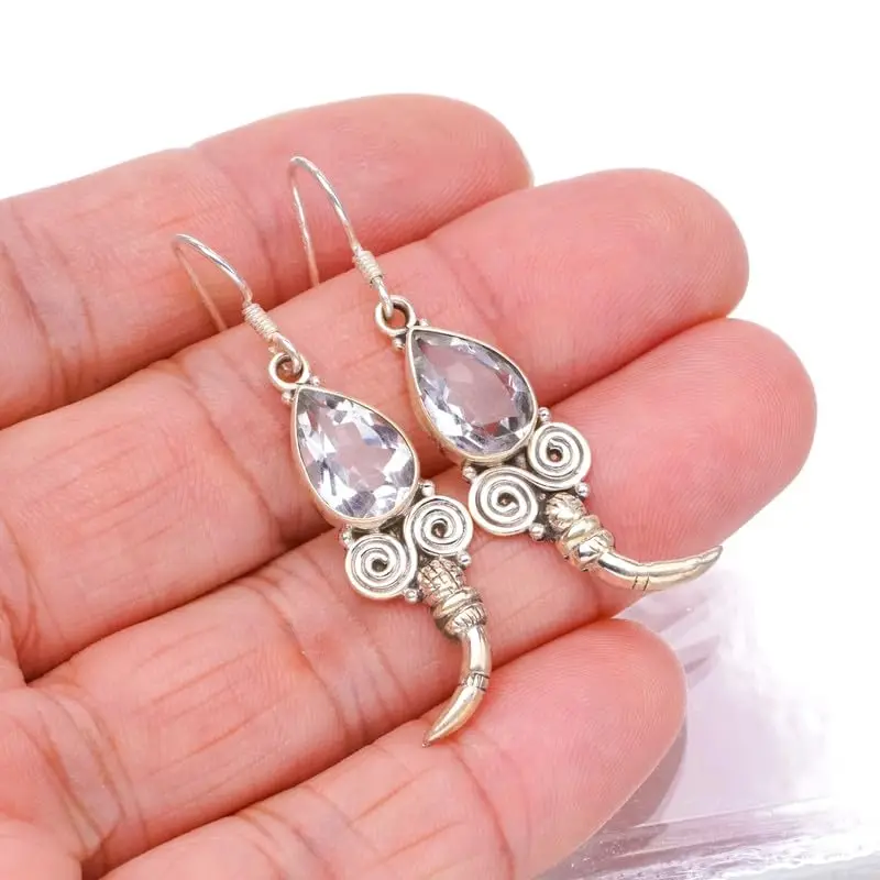 

StarGems Natural White Topaz&Tadpole Handmade 925 Sterling Silver Earrings 2" F6718